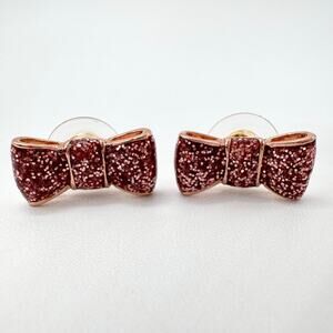 Kate Spade Take A Bow Pink Glitter Stud Earrings Rose Gold Tone Signed Feminine